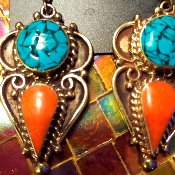Natural Coral and Turquoise Navajo Sterling Silver Post  Turqouise and coral earrings